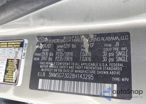 2008 Hyundai Santa Fe Gls из США, поврежденный, VIN 5NMSG73D28H143295